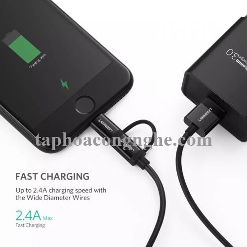 Ugreen 40939 0.5M màu Đen Cáp sạc đa năng USB sang MicroUSB + Lightning US178 30040939